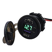 Вбудований адаптер USB Charger QC+PD з дисплеєм, (Зелений)