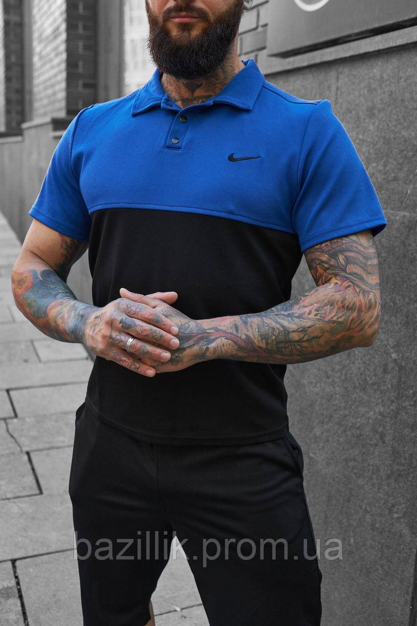 Мужская спортивная стильная футболка поло черно-синяя с вышитым логотипом XL - фото 2 - id-p2124686709