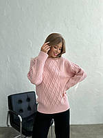 Розовый женский вязаный свитер с узором/ теплая женская кофта
