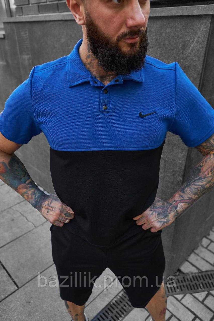 Мужская спортивная стильная футболка поло черно-синяя с вышитым логотипом XL - фото 1 - id-p2124686709