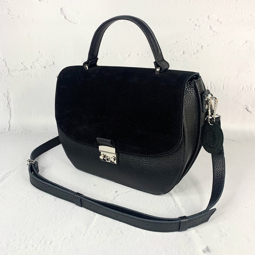 Сумка жіноча "Луна" натуральна шкіра чорна, клапан із замші, фото 1