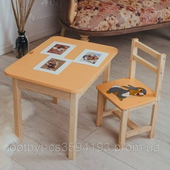 Столик із шухлядою та стілець дитячий жовтий зайчик. Для гри, навчання, малювання.