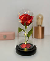 Роза в колбе с LED подсветкой под стеклянным куполом. Романтический ночник роза. Красная