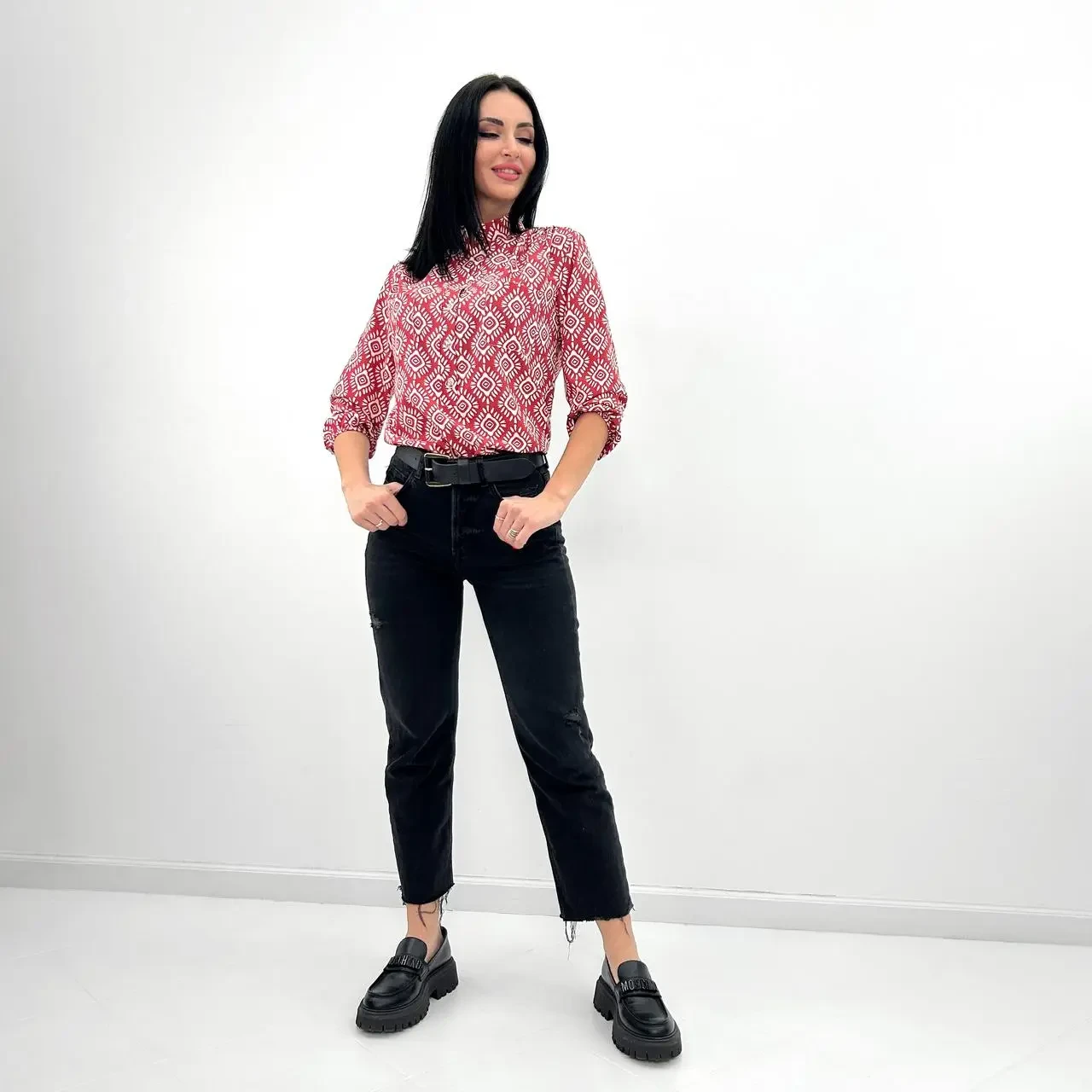 Жіноча демісезонна блузка з принтом і рукав 3/4 на гудзиках, фото 1