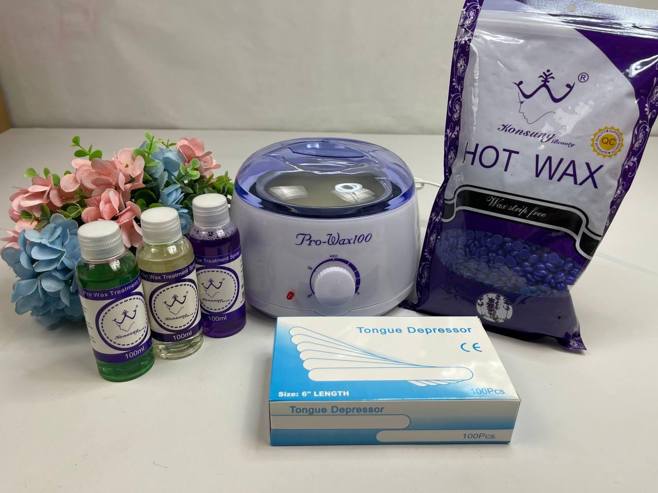 Базовий Набір для депіляції воском воскоплав 100Вт баночний PRO WAX шпателі віск 500 гр гранули, фото 1