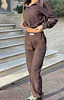 Женский спортивный костюм из микровельвета: кофта с отложным воротником и штаны с нашивкой оттенка шоколад