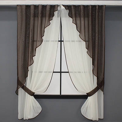 Комплект (280х170 см.) кухонні шторки з підв'язками. Колір бежевий з венге. Код 065к 52-0757