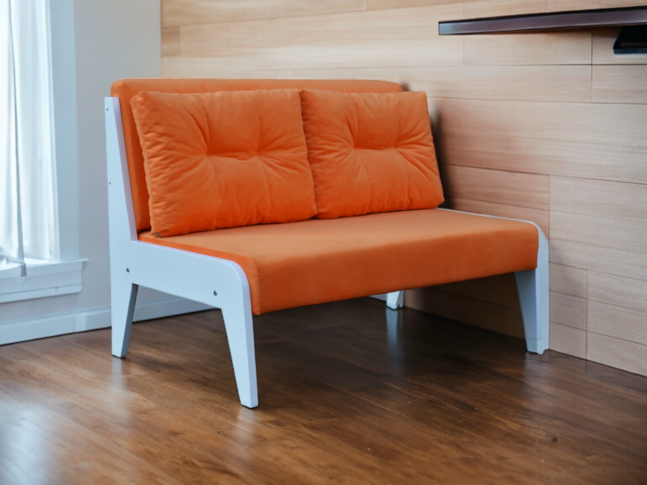Розбірний диван для дому, салону, кафе, бару в стилі ЛАУНЖ (помаранчевий з білим) - фото 2 - id-p1973438586