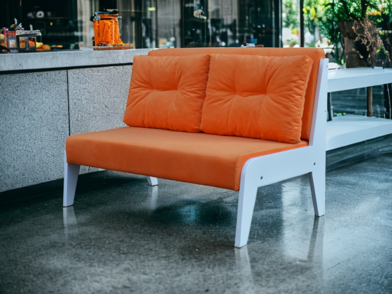 Розбірний диван для дому, салону, кафе, бару в стилі ЛАУНЖ (помаранчевий з білим) - фото 1 - id-p1973438586