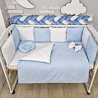 Комплект постільної білизни з ковдрою та бортиками на 4 боки ліжечка 120х60см - Блакитний просточений з косою