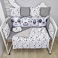 Комплект постільної білизни з ковдрою та 4 бортиками-іграшками на ліжечко 120х60см - Сірий в зірочку