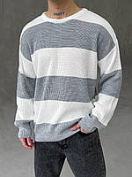 Вязаный свитер оверсайз мужской полосатый серо-белый