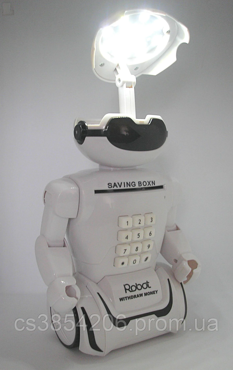 Робот со светящимися глазами, копилка с кодовым замком, сейф игрушечный с фонарем и музыкой, цвет белый tsi - фото 9 - id-p2124810423