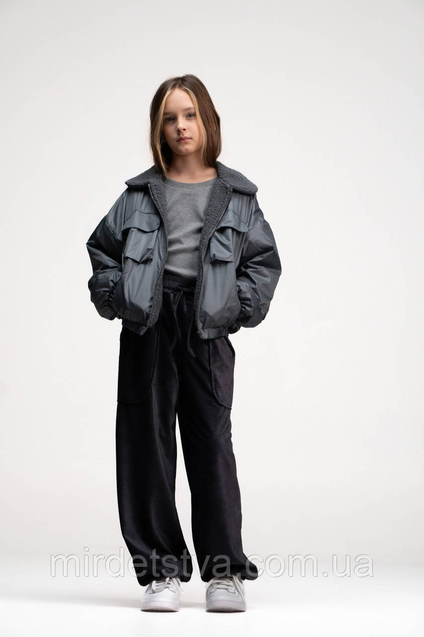 Модні дитячі підліткові прямі штани для дівчинки OV2U Овен мікровельвет темно-сірого кольору, фото 1