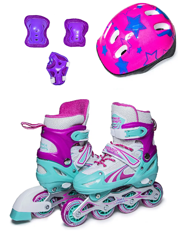 Комплект роликів із захистом і шоломом Power Champs. Бірюзово-Рожевий комплект. Розміри 34-38 / 38-41