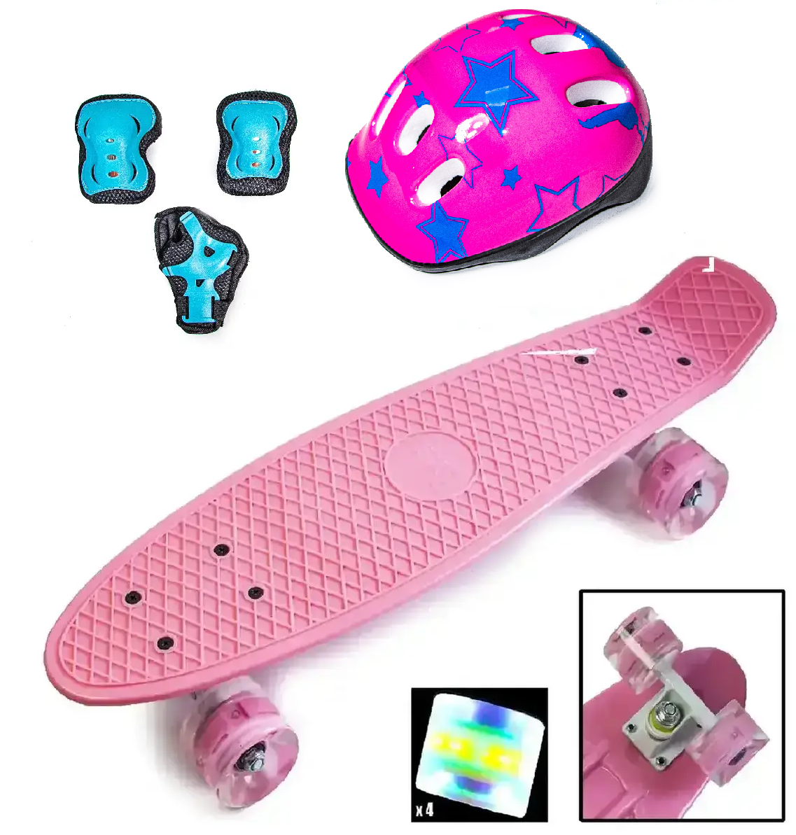 КОМПЛЕКТ Скейтборд Penny Board. Pink + захист + шолом. Світяться колеса!