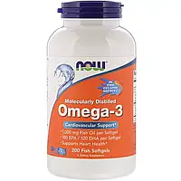 Омега-3 1000 мг, 180 EPA / 120 DHA, Molecularly Distilled Omega-3, Now Foods, 200 капсул з риб'ячого желатину