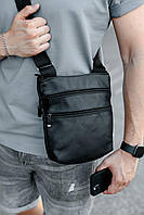 Мужская сумка с регулируемым ремешком на змейке классическая черная из натуральной кожи с подкладкой