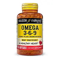 Потрійна Омега 3-6-9, олія риби льону та огірника, Omega 3-6-9 1,200 mg Fish, Flax & Borage Oils, Mason Natural, 60 гелевих капсул