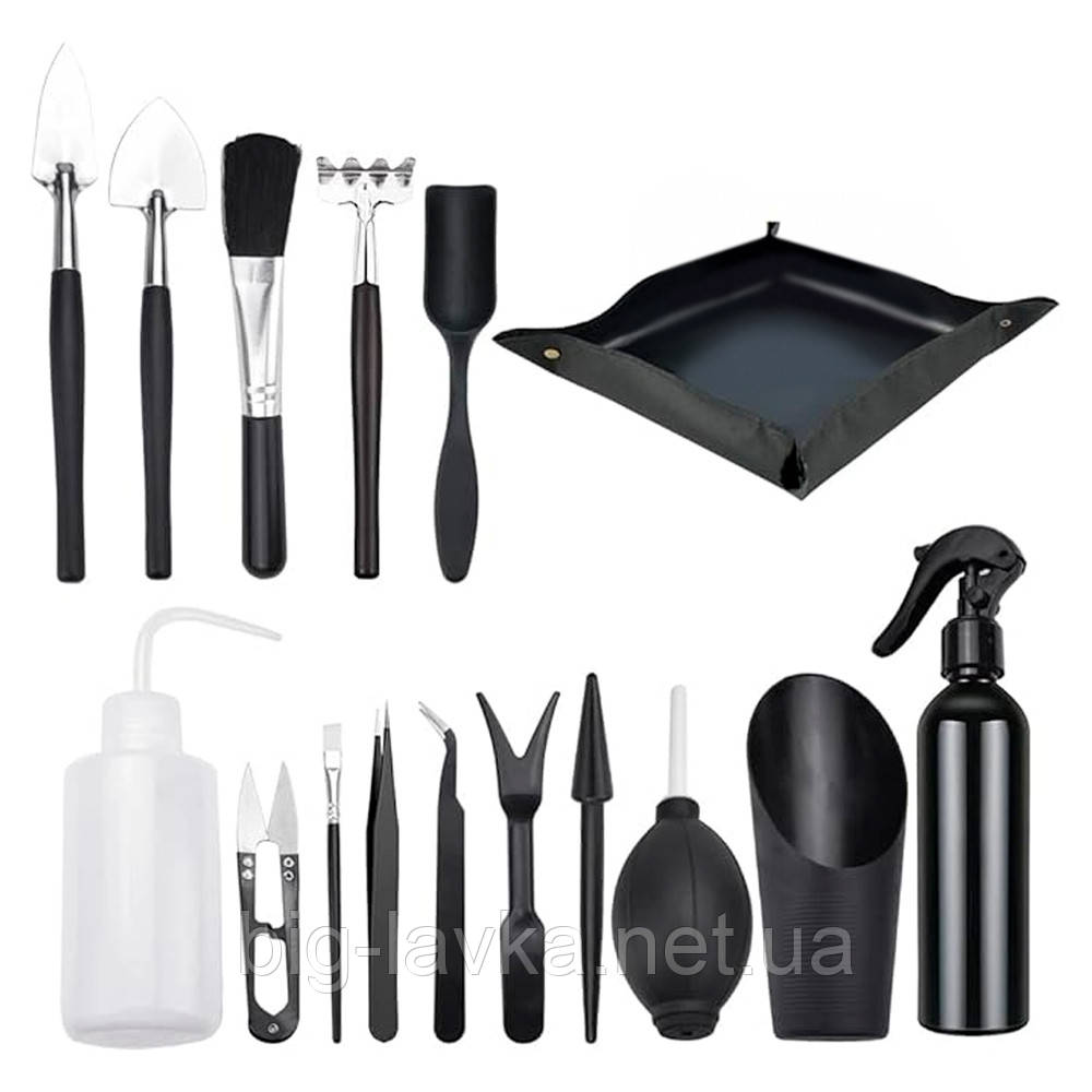 Комплект інструментів для створення флораріуму та посадки сукулентів 16 в 1 Чорний, фото 1
