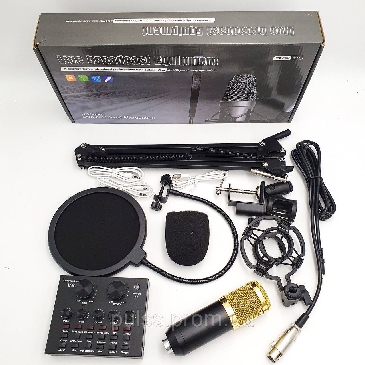 Студийный микрофон со стойкой и ветрозащитой и Звуковая внешняя карта V8 для записи вокала Music D.J. M 800 - фото 3 - id-p1361650715