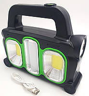 Аккумуляторный LED фонарь прожектор с солнечной панелью и боковыми COB лампами USB выход съемные 2х18650 Hurry