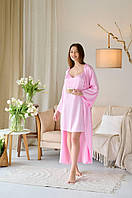 Жіноча шовкова нічна сорочка з довгим халатом рожевого кольору
