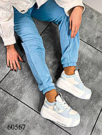 Женские кроссовки на массивной платформе экокожаные голубые с белым