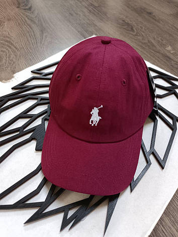 Кепка Бейсболка Чоловіча Жіноча Polo Ralph Lauren з тканинним ремінцем бордова з білим лого, фото 1