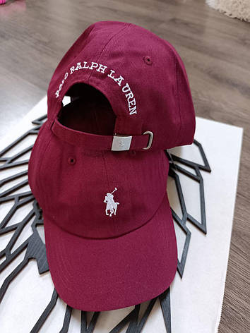 Кепка Бейсболка Чоловіча Жіноча Polo Ralph Lauren з тканинним ремінцем бордова з білим лого, фото 3