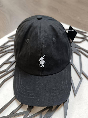 Кепка Бейсболка Чоловіча Жіноча Polo Ralph Lauren з тканинним ремінцем чорна з білим лого, фото 3