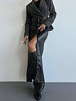 Женская длинная черная кожаная юбка с молнией по всей длине
