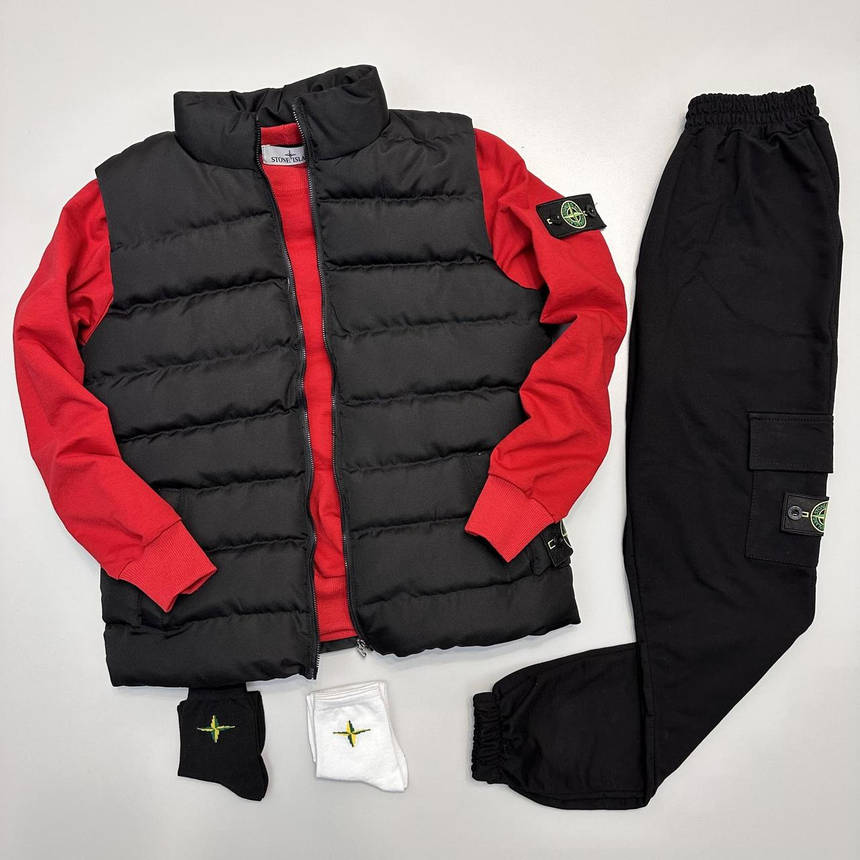 Мужской спортивный костюм Stone Island с жилеткой красно черного цвета 3в1 костюмы весна-осень модные, фото 1