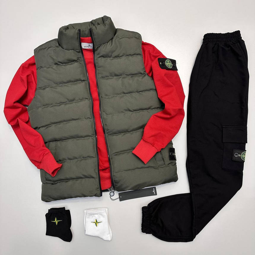 Мужской спортивный костюм 3в1 Stone Island с жилеткой на парня стильный модный комплект 3в1 весенний-осенний, фото 1