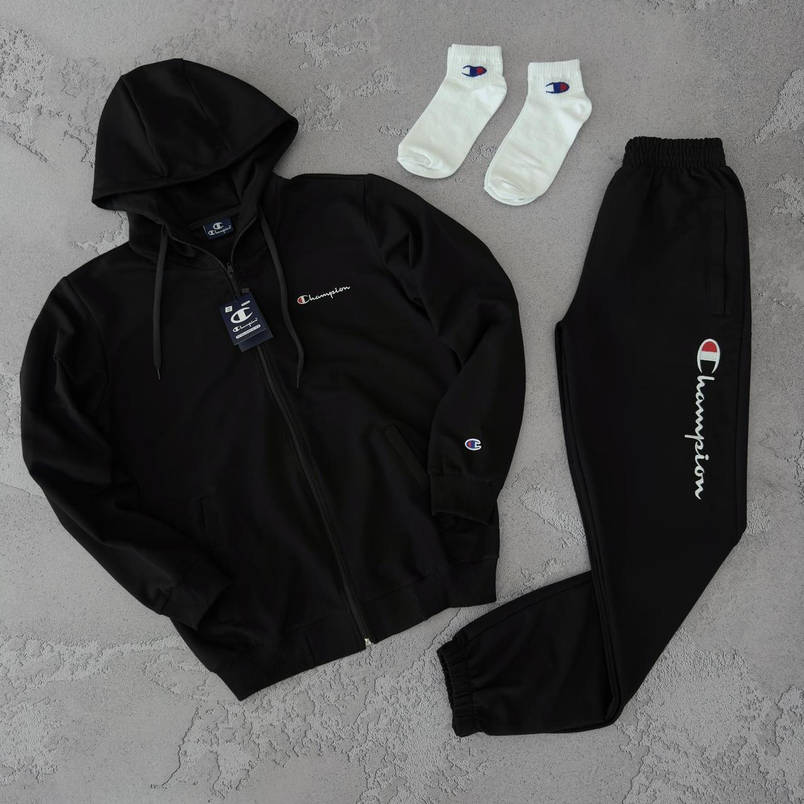 Спортивный костюм мужской черный Champion весна-осень костюм с капюшоном на молнии повседневный для парней, фото 1