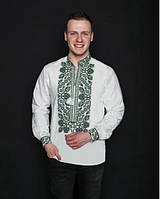 Вышиванка мужская классическая белая с зелёной вышивкой, Вышитая мужская рубашка Всеволод белая с зеленым, L