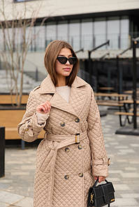 Стильний стьобаний весняний стьоганий плащ двобортний з розкішним англійським коміром на поясі беж