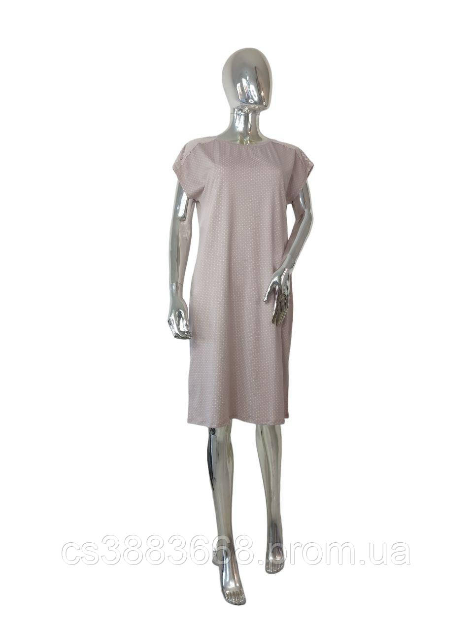 Жіноча нічна сукня сорочка в горошок бавовняна з мереживом на плечах ночнушка Роксана бежева S