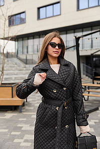 Стильний стьобаний весняний стьоганий плащ двобортний з розкішним англійським коміром на поясі чорний