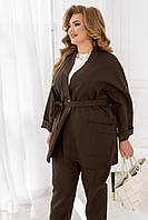 Женский стильный костюм пиджак с накладными карманами на 1 пуговице + штаны на резинке размеры 50-68 Коричневый, 50/52