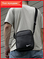 Барсетка Nike кожаная, черная мужская сумка через плечо найк