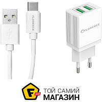 Зарядное устройство сетевое Florence 2USB 2A + Type-C White (FL-1021-WT) 2 x USB-порт, USB Type-C 2.1 А