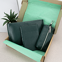 Подарунковий жіночий набір №88: косметичка + обкладинка на паспорт + ключниця (зелений пітон)