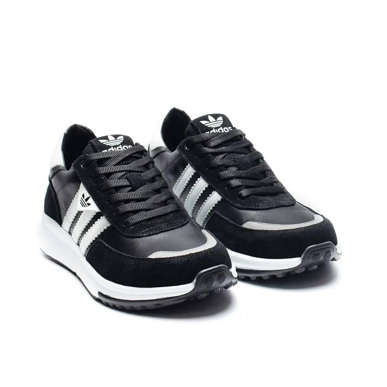 Чоловічі шкіряні кросівки весна/осінь Adidas Black White — чорно-білі, фото 1
