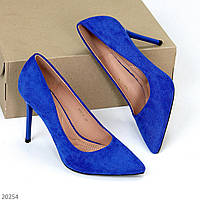 Классические яркие замшевые туфли лодочки на шпильке цвет синий елекстрик