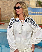 Блузка женская белого цвета с вышивкой из натуральной ткани с M по 3XL