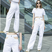 Жіночі штани з вирізами на стегнах Twins Штани із завищеною талією Коттон Трендові розкльошені білі