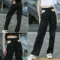 Жіночі штани з вирізами на стегнах Twins Штани із завищеною талією Коттон Трендові розкльошені чорні