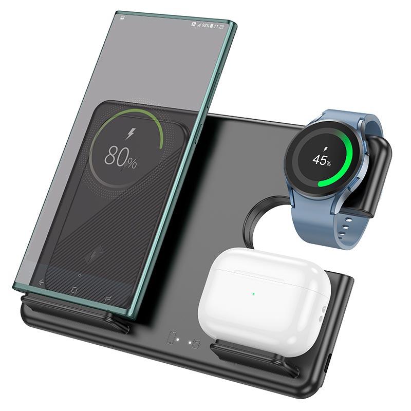 Зарядка Qi Hoco Flash folding 3-in-1 wireless fast charger CQ2 (Sam Watch / phone / earphone, 15wqi, 27w Type-C) чорна