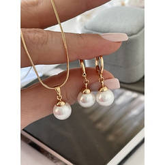 Комплект прикрас ланцюжка з кулоном і сережки з медзолота з перлами, ланцюжок снейк 45 см